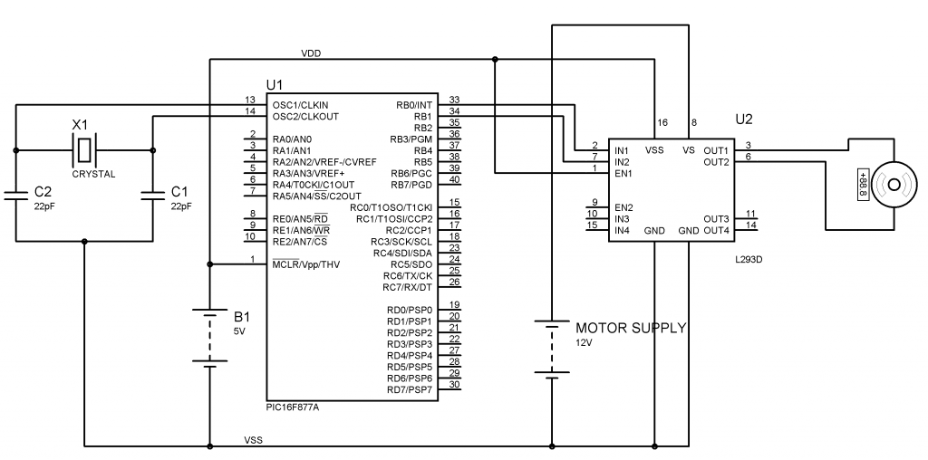 Interfacing DC Motor with PIC Microcontroller and L293D Circuit Diagram