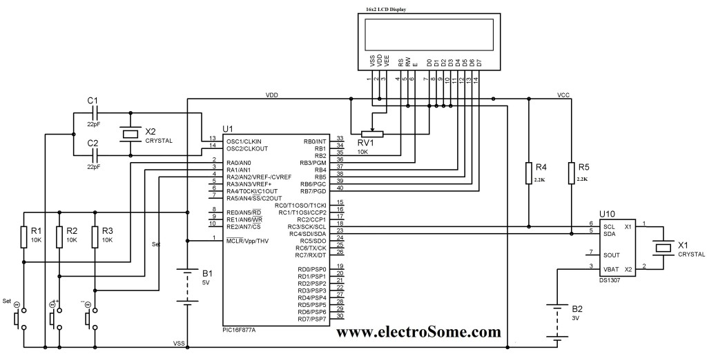 Digital Clock using PIC Microcontroller and DS1307 RTC – Circuit Diagram