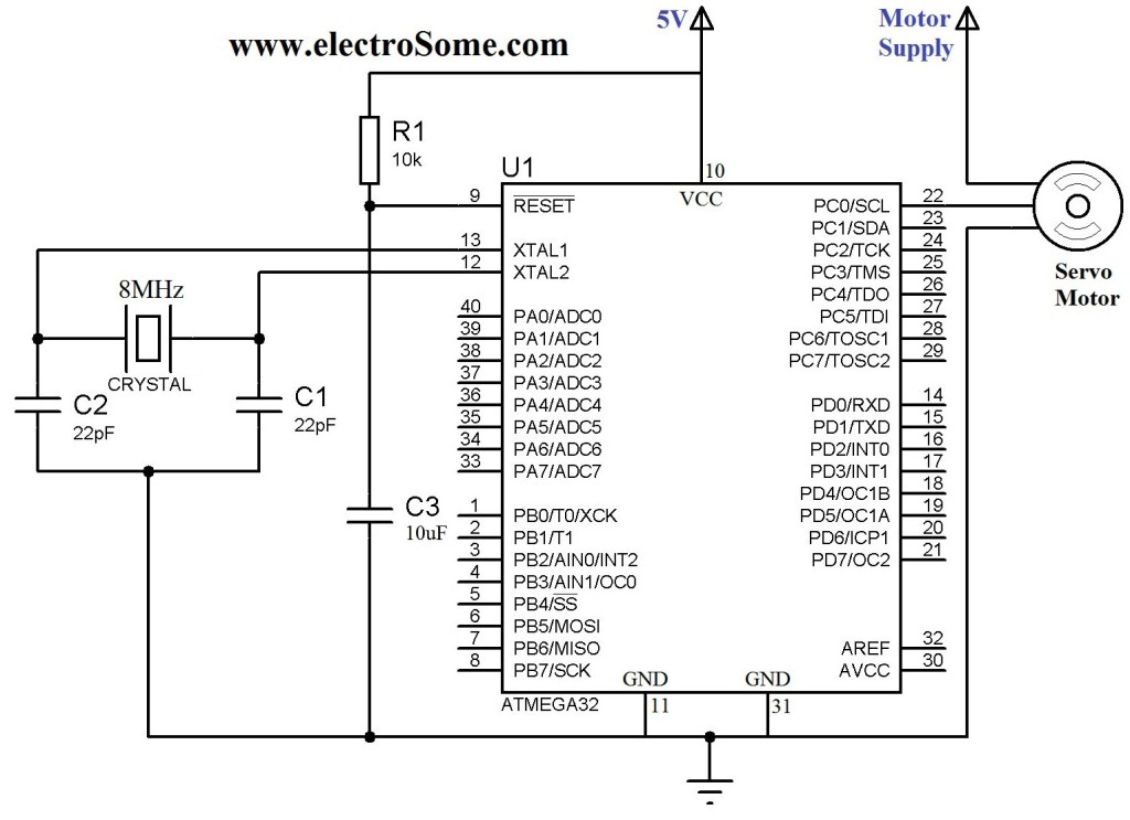 Interfacing Servo Motor with Atmega32 Microcontroller – Circuit Diagram