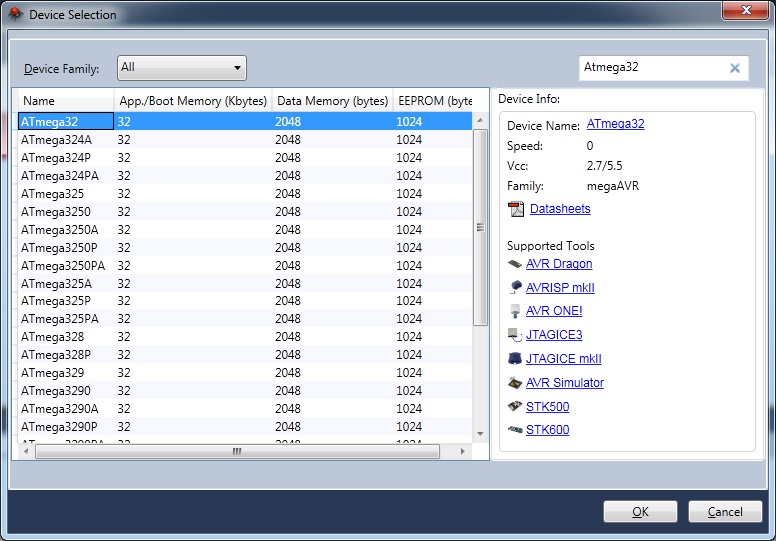 Selecting Microcontroller – Atmel Studio