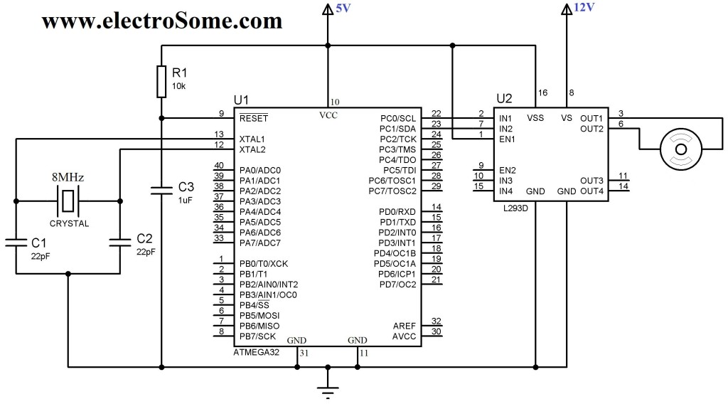 Interfacing DC Motor with Atmega32 Microcontroller – Circuit Diagram