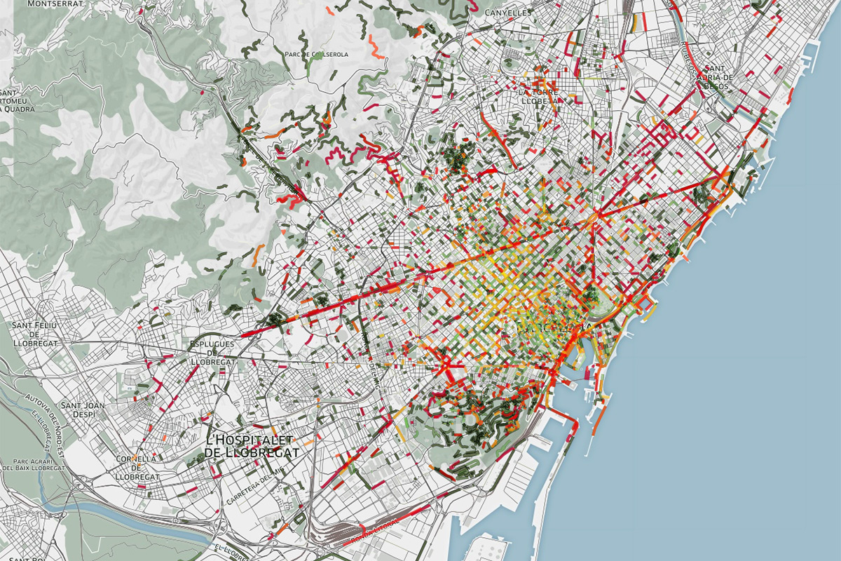 (Image: Daniele Quercia. Key: Orange/red: Low/high smell of vehicle emissions; light green/dark green: low/high smell of flowers, plants and trees)